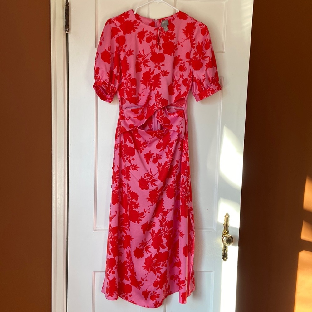 ASOS DESIGN puff sleeve wrap front midi dress with cutout in floral print